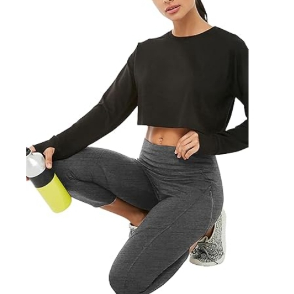 Bestisn Long Sleeve Crop Sweatshirt Top with Thumb Hole Black